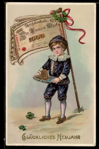 AK Junge mit Fahne aus Geldscheinen, Neujahrsgruss
