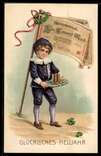 AK Neujahrsgruss, Bub mit Geldgeschenk