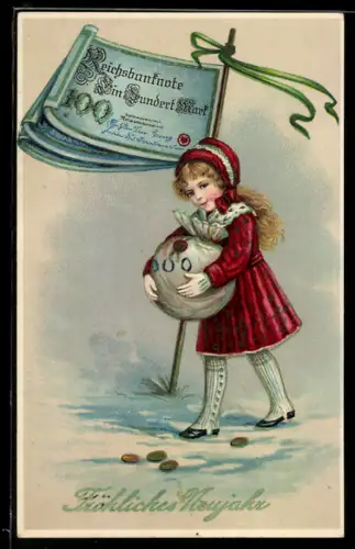 Künstler-AK Neujahrsgruss, Mädchen mit Geldsack