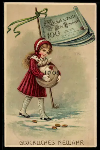Präge-AK Mädchen mit Geldsack und Fahne aus Geldscheinen, Neujahrsgruss
