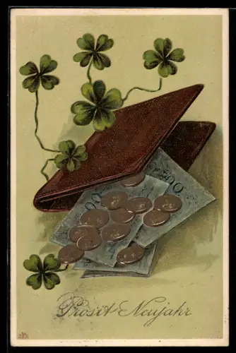 Präge-AK Geldbörse mit Geldscheinen- und Münzen, Kleeblätter, Neujahrsgruss