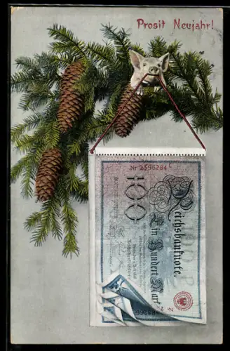 AK Schwein mit Geldschein auf Tannenzweig, Neujahrsgruss