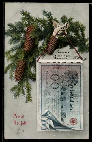 AK Schwein mit Geldschein auf Tannenzweig, Neujahrsgruss