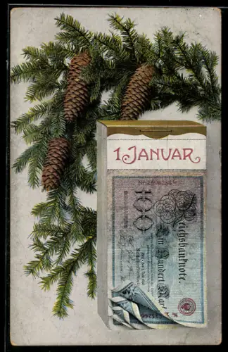 AK Reichsbanknote 100 Mark, Tannenzweig mit Zapfen