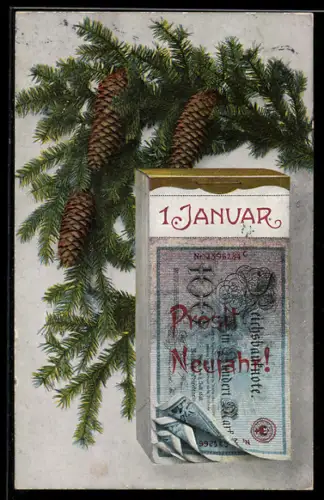 AK Abreisskalender mit Geldscheinen, Tannenzweig, Neujahr