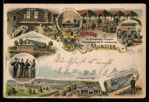 Lithographie Munster, Ansicht vom Lager, Officier-Casino, Geschütz-Park