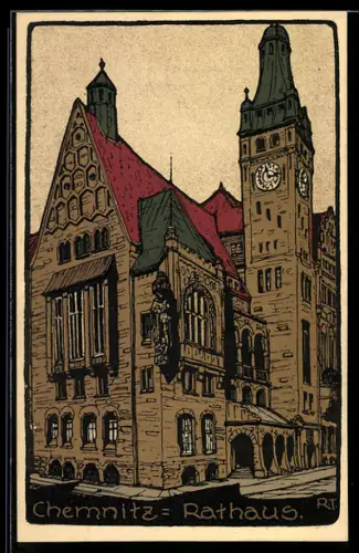 Steindruck-AK Chemnitz, Blick auf Rathaus