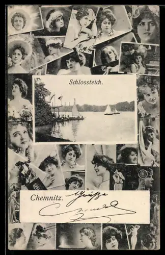 AK Chemnitz, Schlossteich mit Segelbooten, Frauenportrait