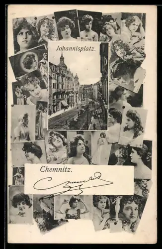 AK Chemnitz, Johannisplatz mit Strassenbahn, Frauenportrait