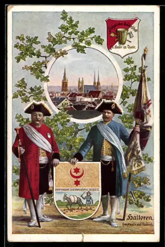 AK Halle / Saale, Halloren mit Stadtwappen, Hauptmann und Fändrich, Stadtpanorama