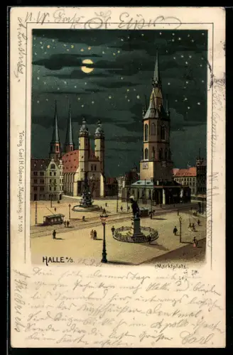Lithographie Halle a. S., Marktplatz, Roter Turm, Marktkirche