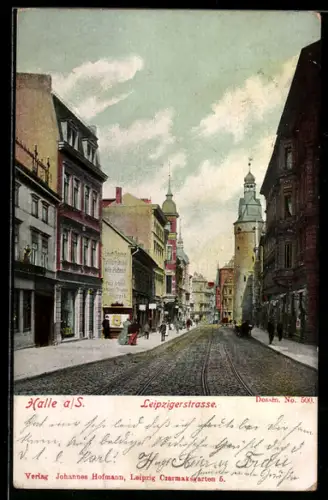 AK Halle a. S., Leipzigerstrasse mit Geschäften