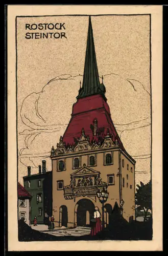 Steindruck-AK Rostock, das Steintor
