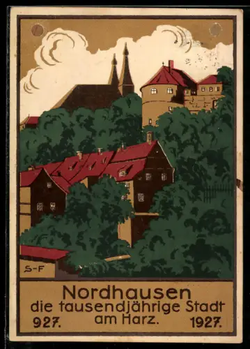 Künstler-AK Nordhausen am Harz, Ortspartie mit Kirche