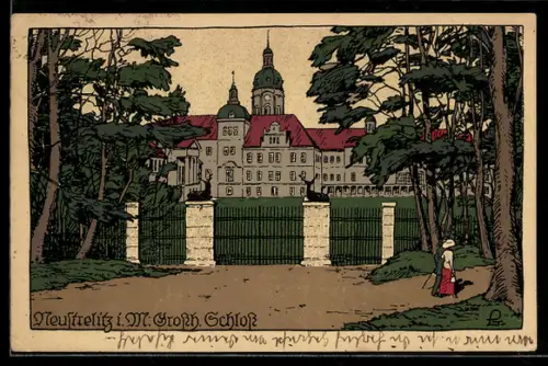 Steindruck-AK Neustrelitz, Grossh. Schloss