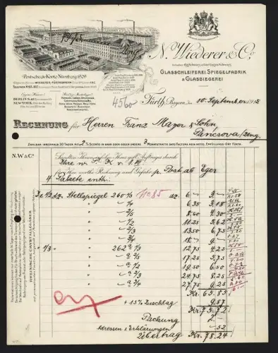 Rechnung Fürth /Bayern 1915, N. Wiederer & Co, Glasschleiferei, Spiegelfabrik und Glasbiegerei, Fabrik mit Schornsteinen