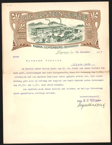 Briefkopf Leipzig 1906, H.H. Ullstein, Fabrik in Lichtenberg in der Aussenansicht
