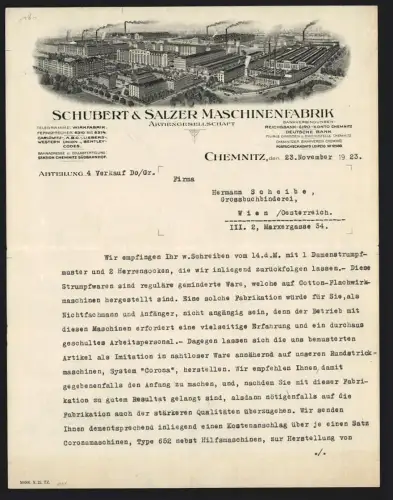 Briefkopf Chemnitz 1923, Schubert & Salzer, Maschinenfabrik, Fabrikanlagen aus der Vogelschau