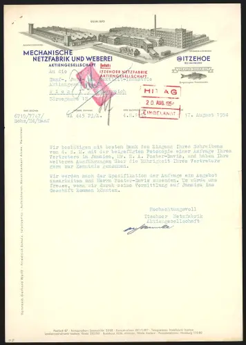 Briefkopf Itzehoe b. Hamburg, Mechanische Netzfabrik und Weberei, Fabriken aus der Vogelschau