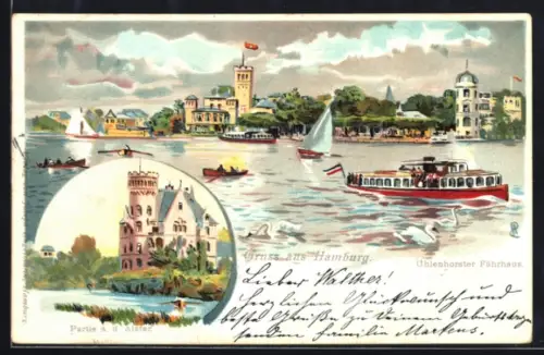Lithographie Hamburg, Uhlenhorster Fährhaus, Partie an der Alster