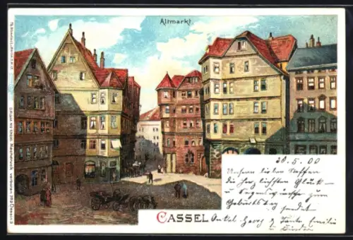 Lithographie Cassel, Altmarkt aus der Vogelschau