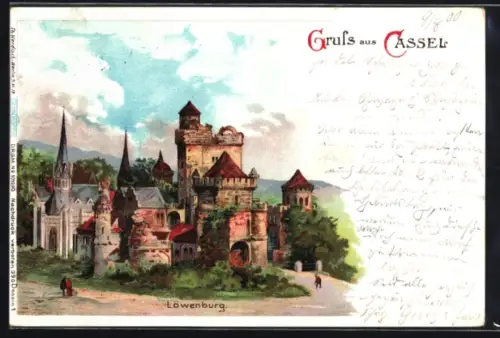 Lithographie Cassel, Löwenburg mit Kirche aus der Vogelschau