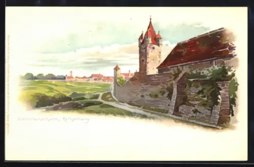 Lithographie Rothenburg, Stöberleinsturm mit Ortspanorama