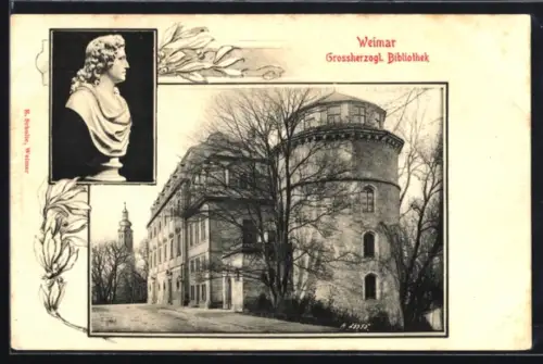 Lithographie Weimar, Grossherzogl. Bibliothek, Büste, Turm, Gebäude