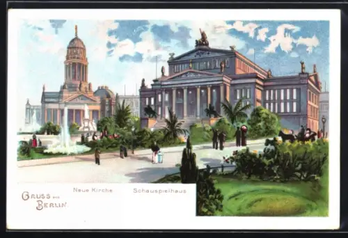 Lithographie Berlin, Neue Kirche, Schauspielhaus, Gendarmenmarkt