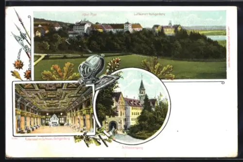 AK Heiligenberg, Ortsansicht mit Hotel Post, Rittersaal und Schlosseingang