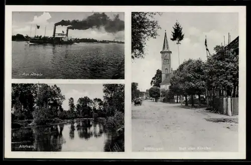 AK Söllingen, bei der Kirche, Dampfer auf dem Rhein, Altrhein