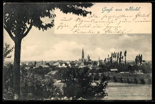 AK Bühl, Stadtansicht mit Kirche und Panorama