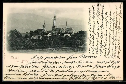 AK Bühl, Stadtansicht mit Kirche und Kirchturm
