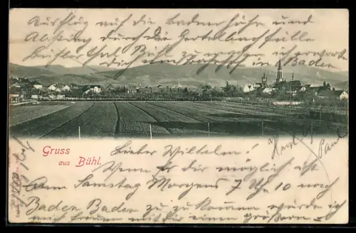 AK Bühl, Ortsansicht mit Kirche und Feldern