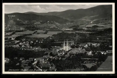 AK Ottersweier /Baden, Luftaufnahme, Kirche, Gasthaus zur Blume, Windeck