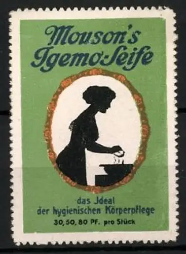 Reklamemarke Mouson`s Igemo-Seife, Frau beim Händewaschen