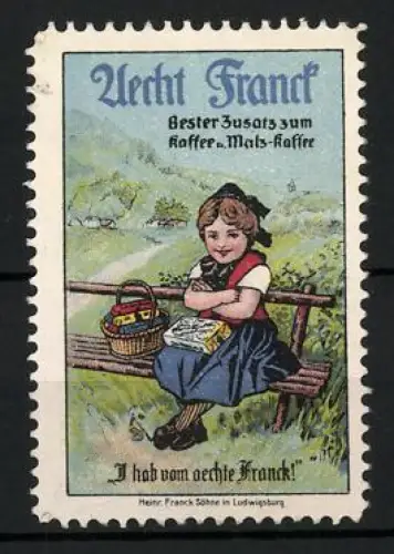 Reklamemarke Ludwigsburg, Aecht Franck Kaffee, Mädchen mit Korb auf Parkbank