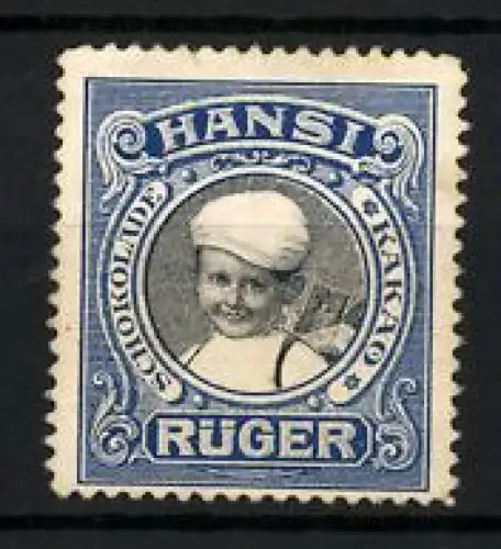 Reklamemarke Hansi Rüger, Schokolade und Kakao, lächelnder Schulknabe, blau