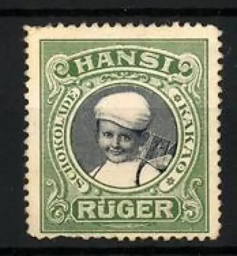 Reklamemarke Hansi Rüger, Schokolade und Kakao, lächelnder Schulknabe, grün