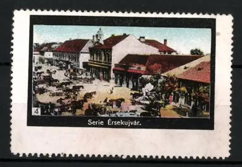 Reklamemarke Érsekújvár, Slowakei, Ortsansicht mit Kutschen