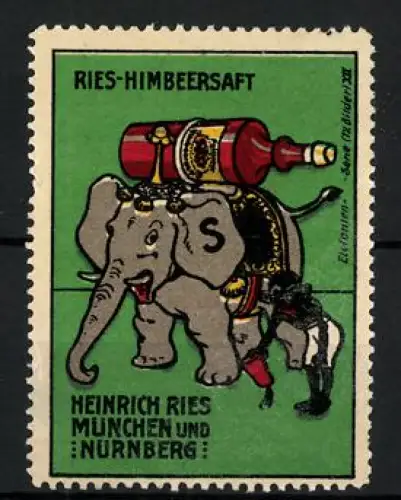 Reklamemarke München & Nürnberg, Ries-Himbeersaft, Elefant mit Flasche & Afrikaner