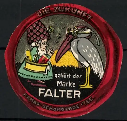 Reklamemarke Die Zukunft gehört der Marke Falter, Kakao-Schokolade-Tee, Zwerg und Storch