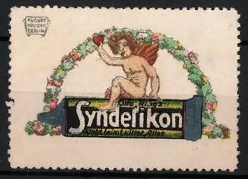 Künstler-Reklamemarke August Hajduk, Berlin, Syndetikon Klebstoff, Engel mit Blumenkranz