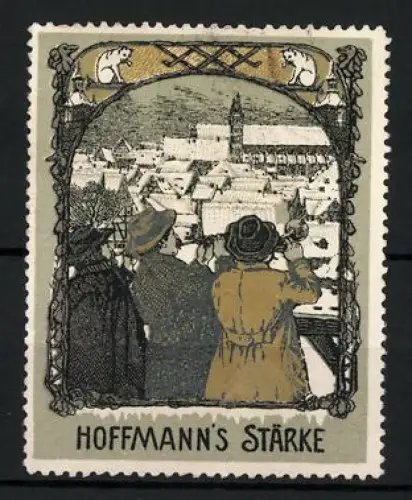 Reklamemarke Bad Salzuflen, Hoffmann`s Stärke, Ortsansicht mit drei Personen