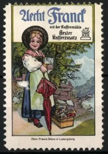 Reklamemarke Ludwigsburg, Aecht Franck Kaffee, Kaffeemühle und Mädchen