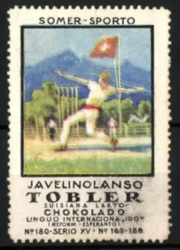 Reklamemarke Tobler Schokolade, Speerwerfer vor Bergen, Esperanto Javelinolanso