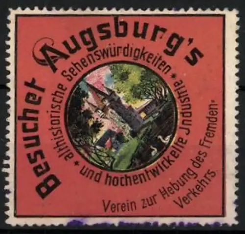 Reklamemarke Augsburg, Besuchet Augsburg`s Sehenswürdigkeiten, Turm und Landschaft