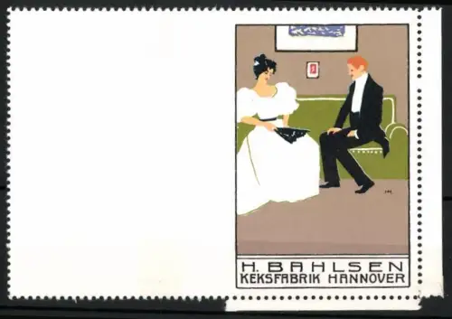 Reklamemarke Hannover, H. Bahlsen Keksfabrik, elegantes Paar, Probedruck