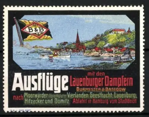 Reklamemarke Hamburg, Ausflüge mit den Lauenburger Dampfern, Burmester & Basedow, Ortsansicht