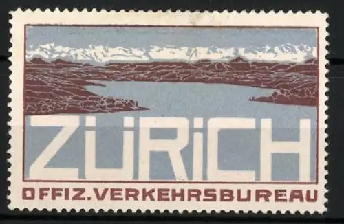 Reklamemarke Zürich, Offiz. Verkehrsbureau, Bergpanorama mit Zürichsee
